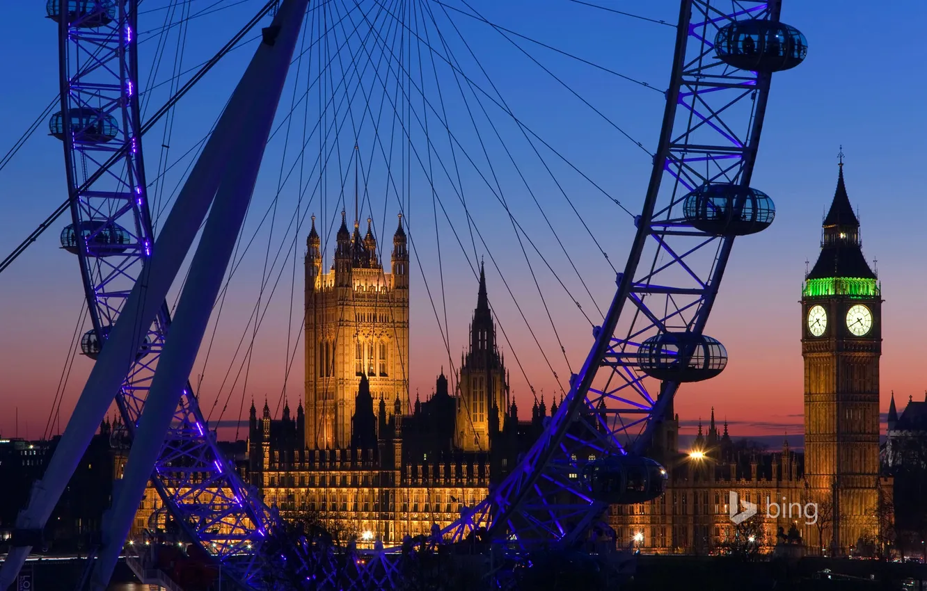 Photo wallpaper London, tower, the evening, wheel, London, London Eye, Big Ben, Palace of Westminster