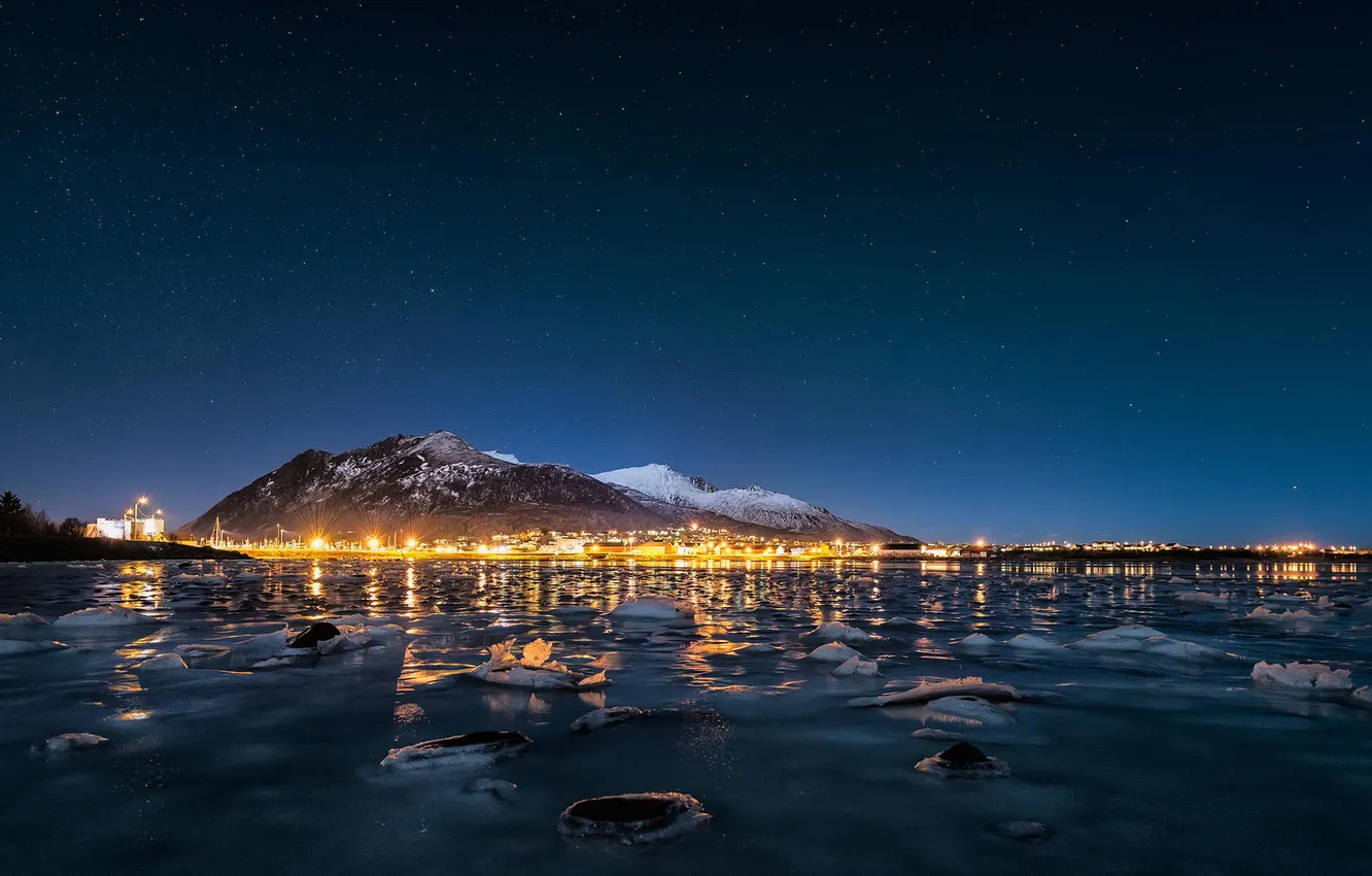 Photo wallpaper winter, the sky, stars, mountains, night, lights, shore, town