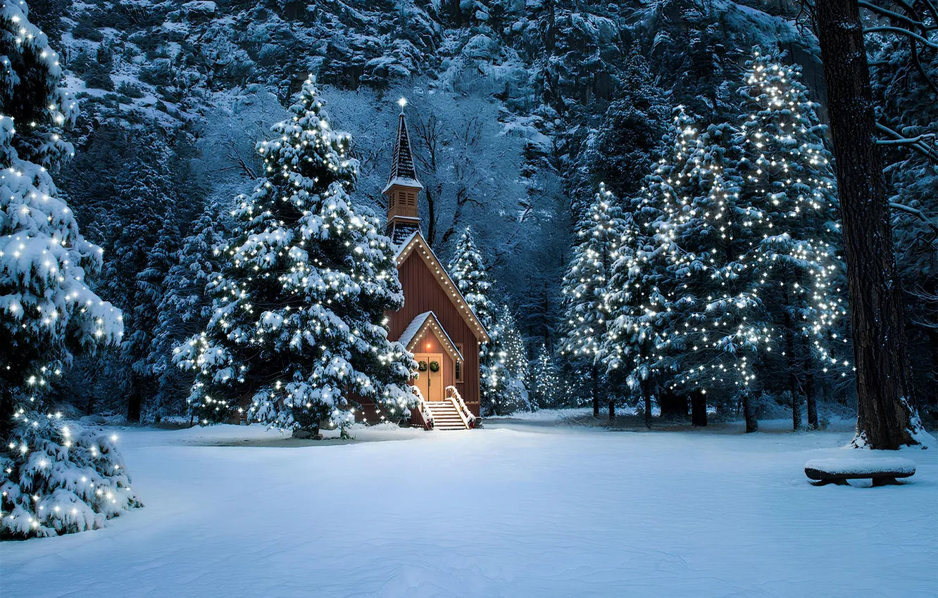 Photo wallpaper snow, the evening, chapel, snow, evening, Snow trees, winter forest, chapel