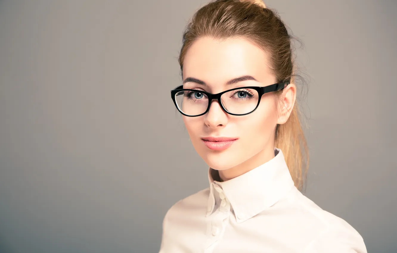 Photo wallpaper girl, happy, grey, face, glasses, cute, female, eyewear