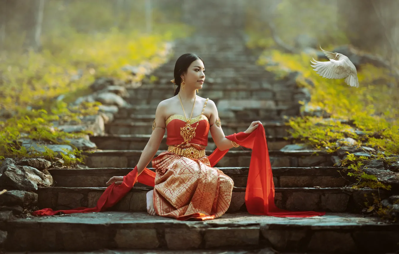 Photo wallpaper white, look, girl, light, decoration, flight, face, pose