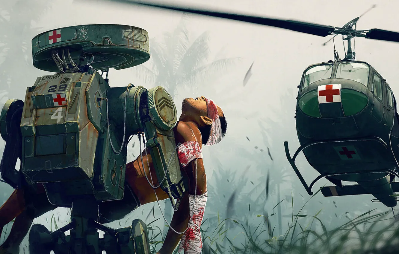 Photo wallpaper helicopter, Artwork, Medevac, DOFRESH, March of the robots 2020, March of Robots 2020