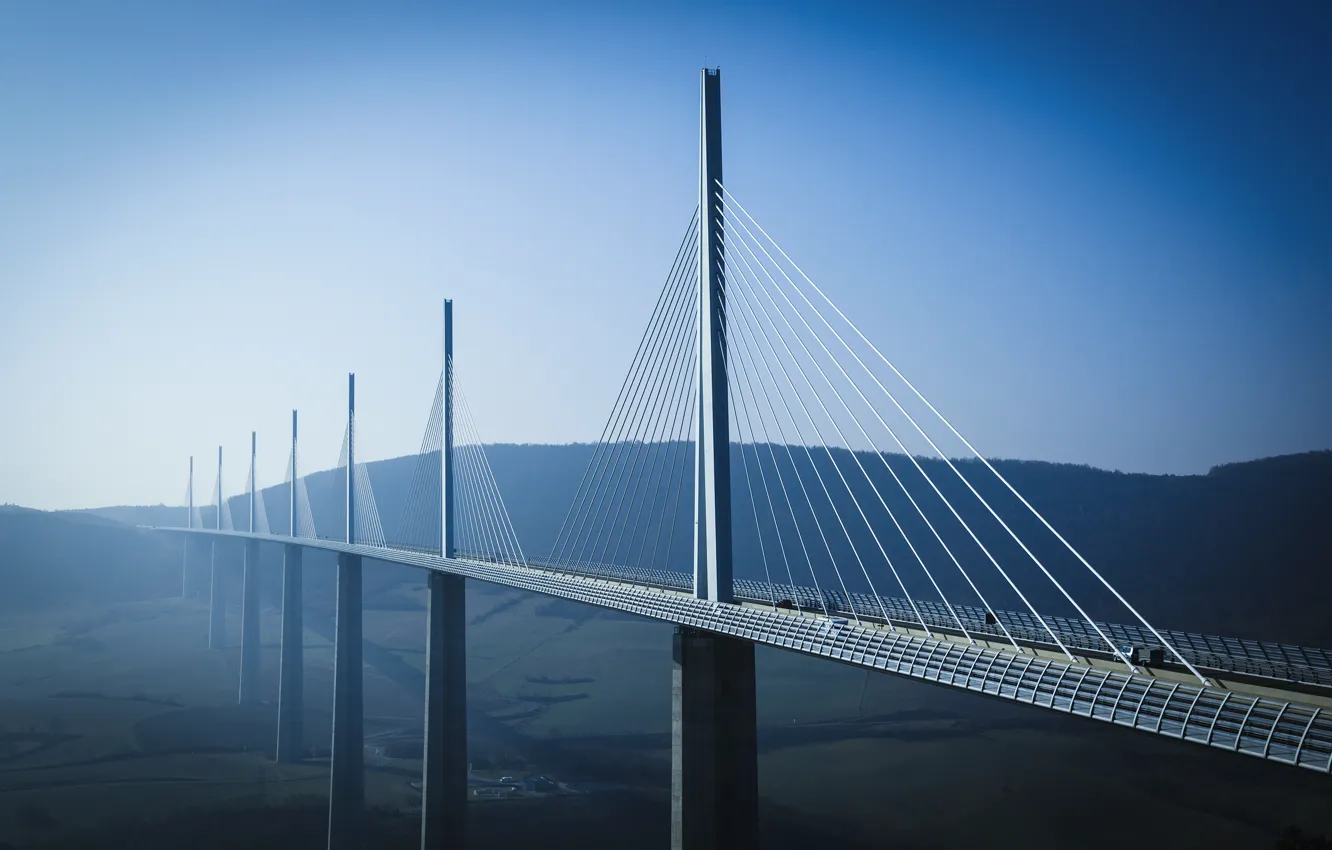 Photo wallpaper road, forest, bridge, France, height, the Millau viaduct