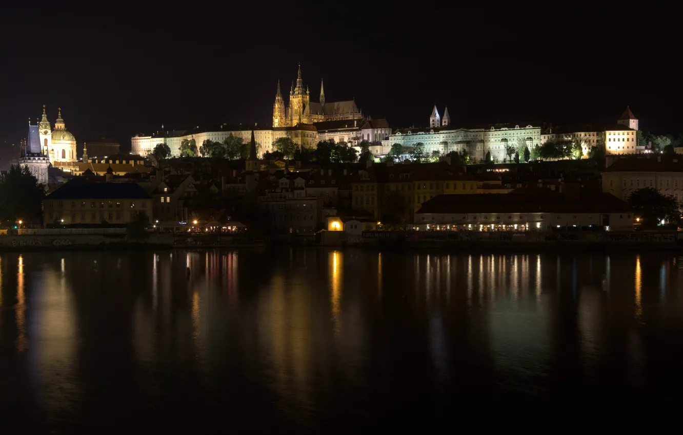 Photo wallpaper night, the city, lights, darkness, shore, view, tower, Prague