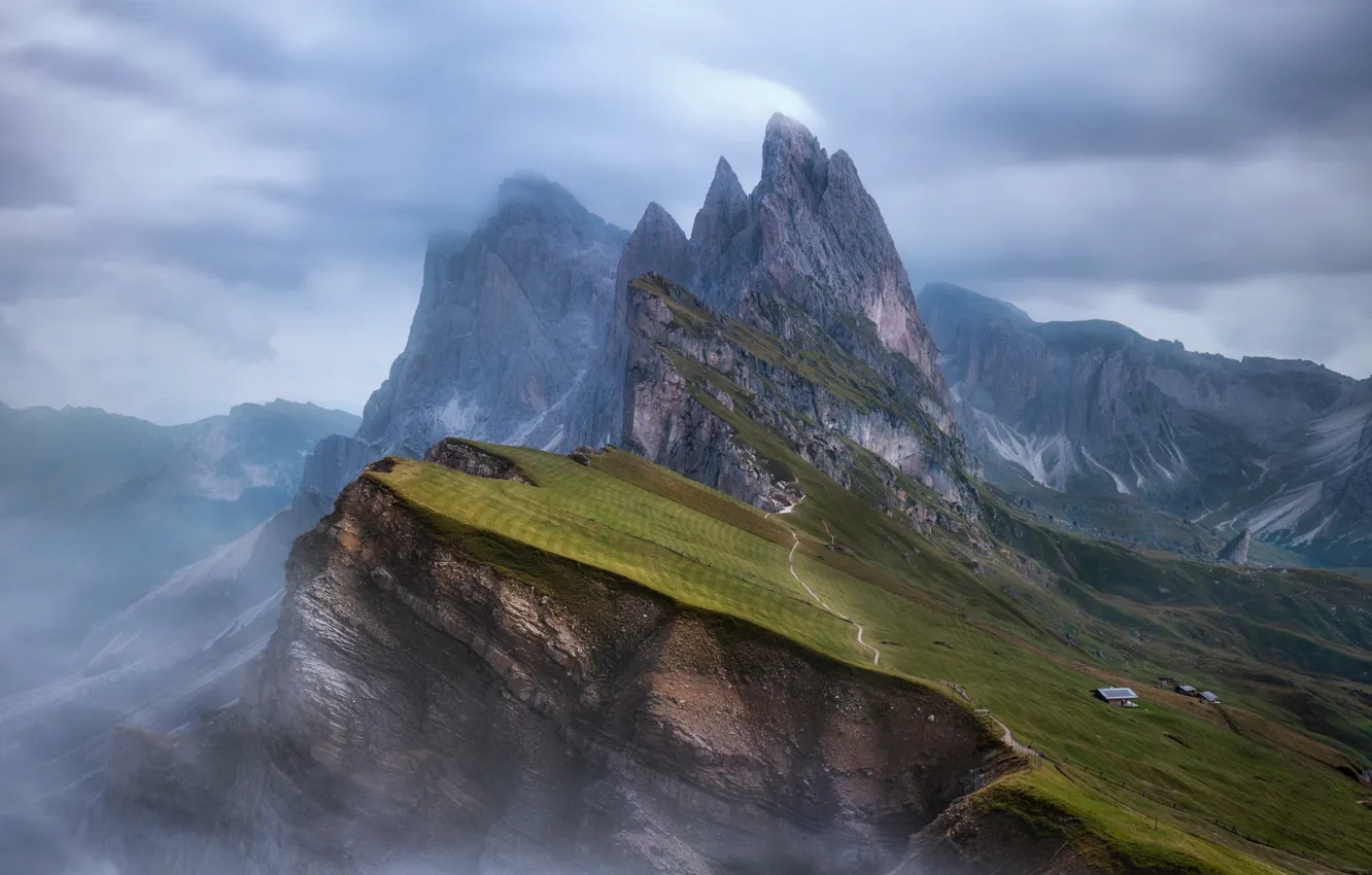Photo wallpaper mountains, fog, rocks, slope, Alps