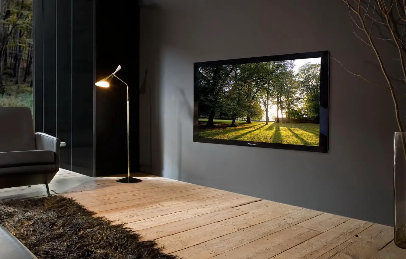 Photo wallpaper style, sofa, Board, interior, wool, floor, vase, floor lamp