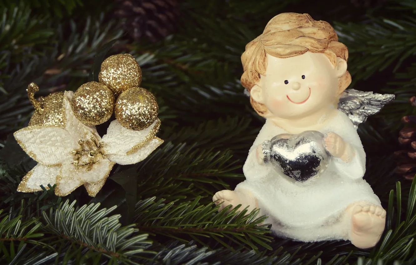 Photo wallpaper balls, decoration, flowers, branches, smile, holiday, toy, Shine