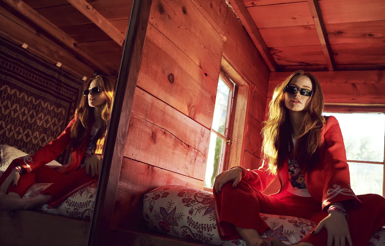 Photo wallpaper room, actress, glasses, red, Madelaine Petsch