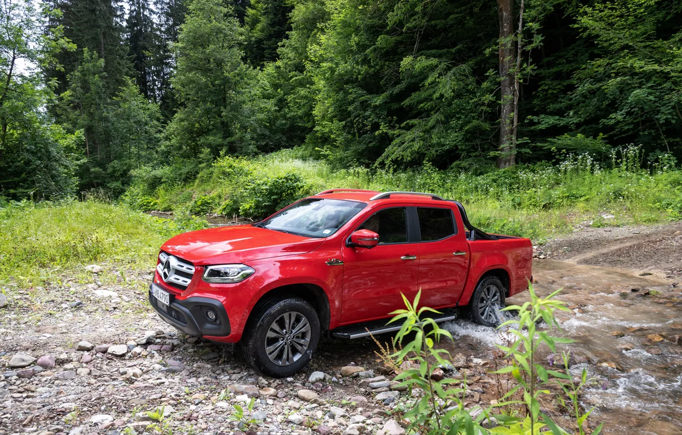 Photo wallpaper forest, red, stream, Mercedes-Benz, pickup, 2018, X-Class