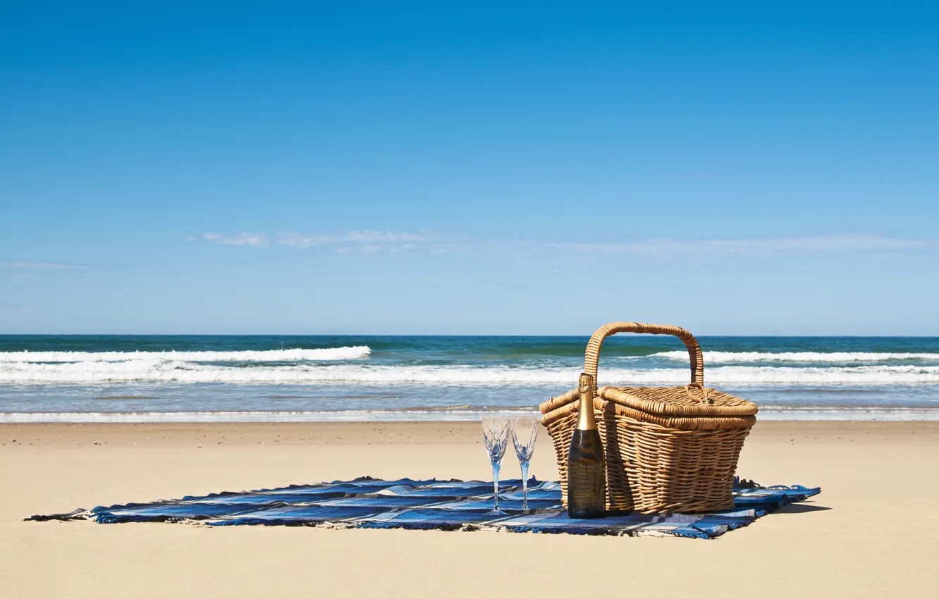 Photo wallpaper sand, sea, beach, wine, basket, coast, bottle, blanket
