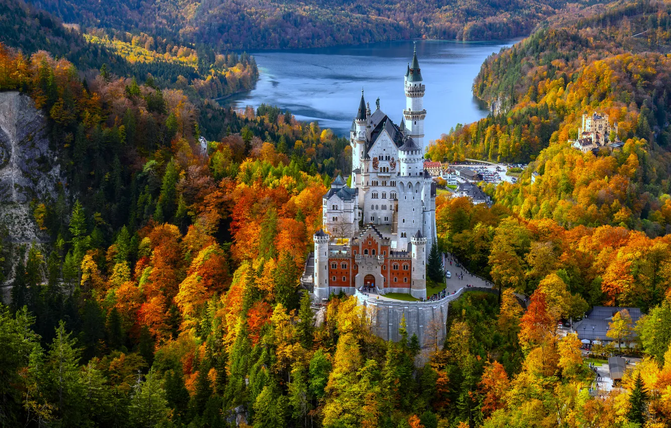 Photo wallpaper river, Germany, autumn, Bavaria, Neuschwanstein Castle