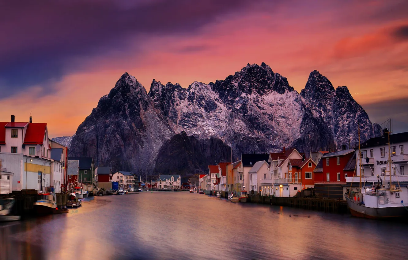 Photo wallpaper sea, landscape, sunset, mountains, rocks, home, boats, village