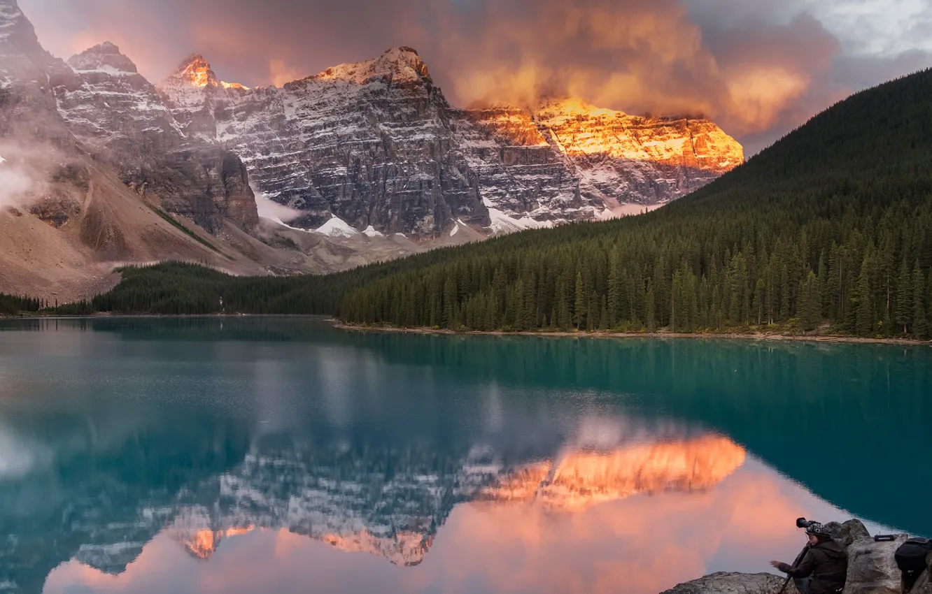 Photo wallpaper forest, clouds, landscape, mountains, clouds, nature, lake, reflection