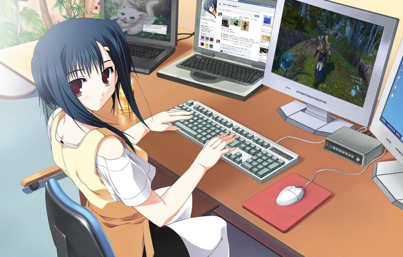 Photo wallpaper Wallpaper, anime, girl, The girl at the computer