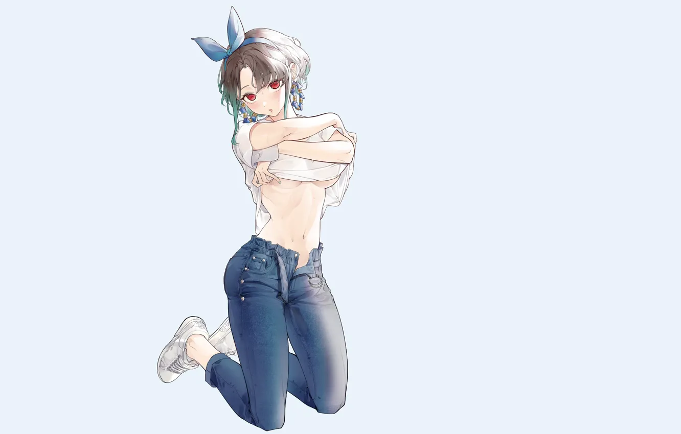 Photo wallpaper girl, sexy, anime, pretty, kneeling, tied hair