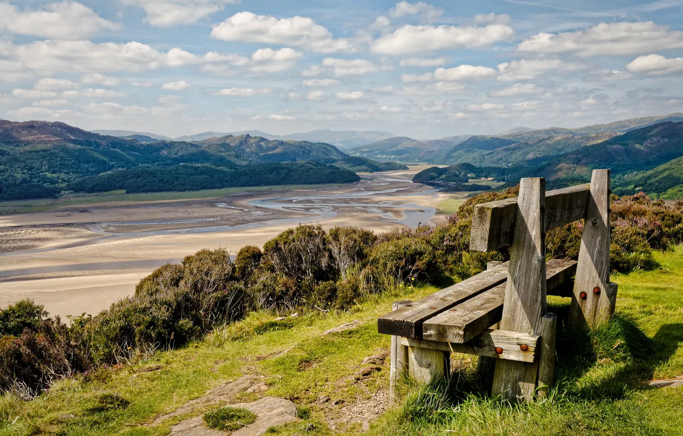 Photo wallpaper bench, river, shore, view, shop
