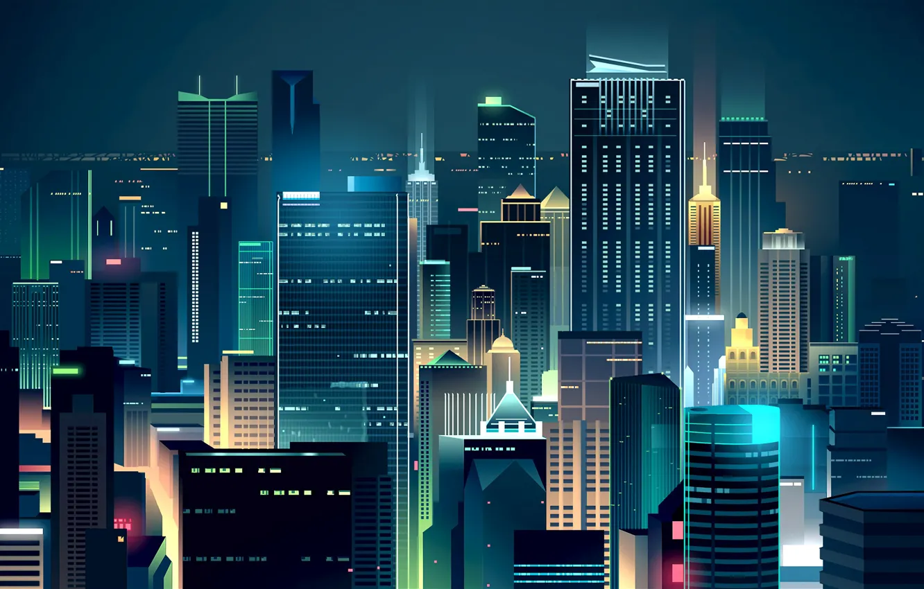 Photo wallpaper Home, Night, Vector, The city, Style, Skyscrapers, Building, The building