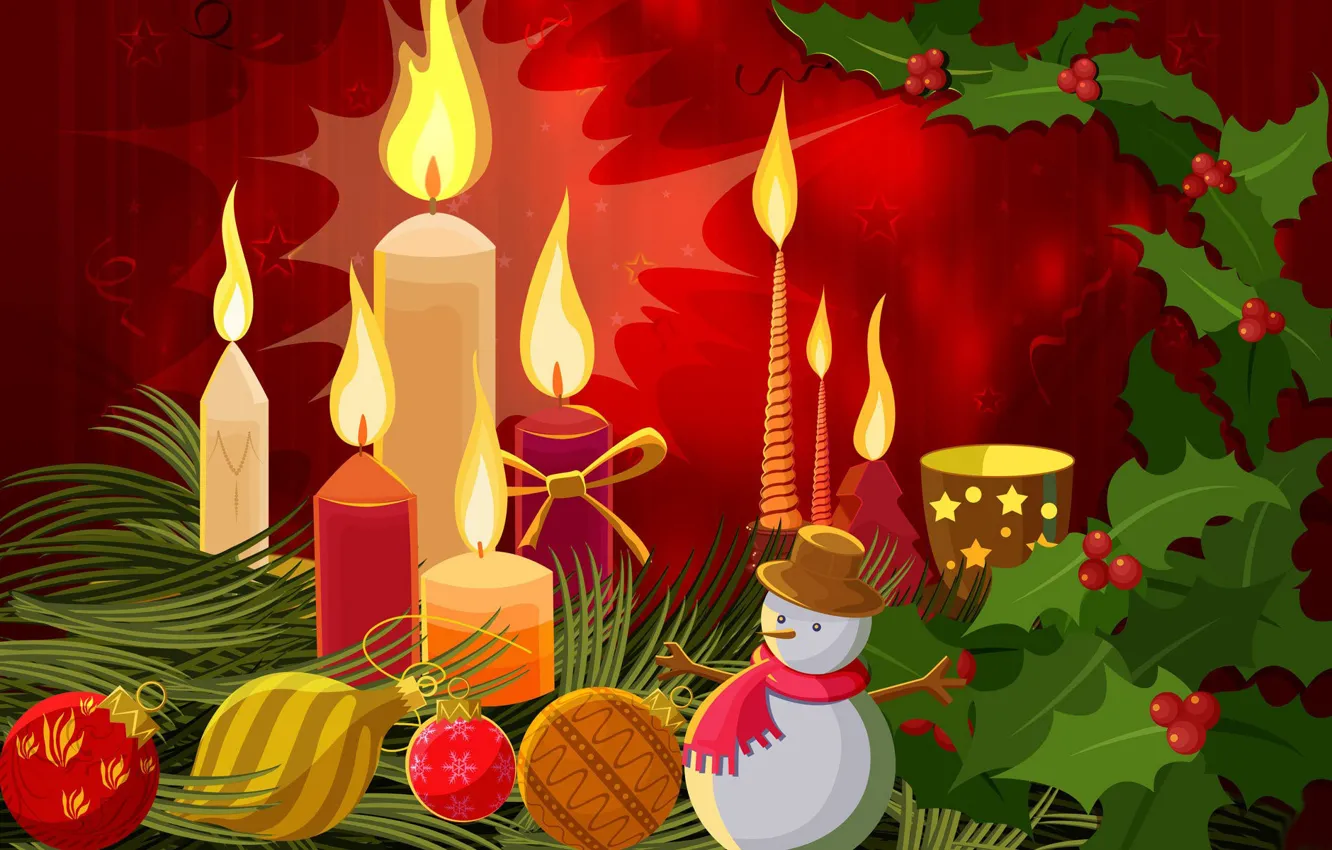 Photo wallpaper candle, vector, ball, New Year, Christmas, snowman, postcard