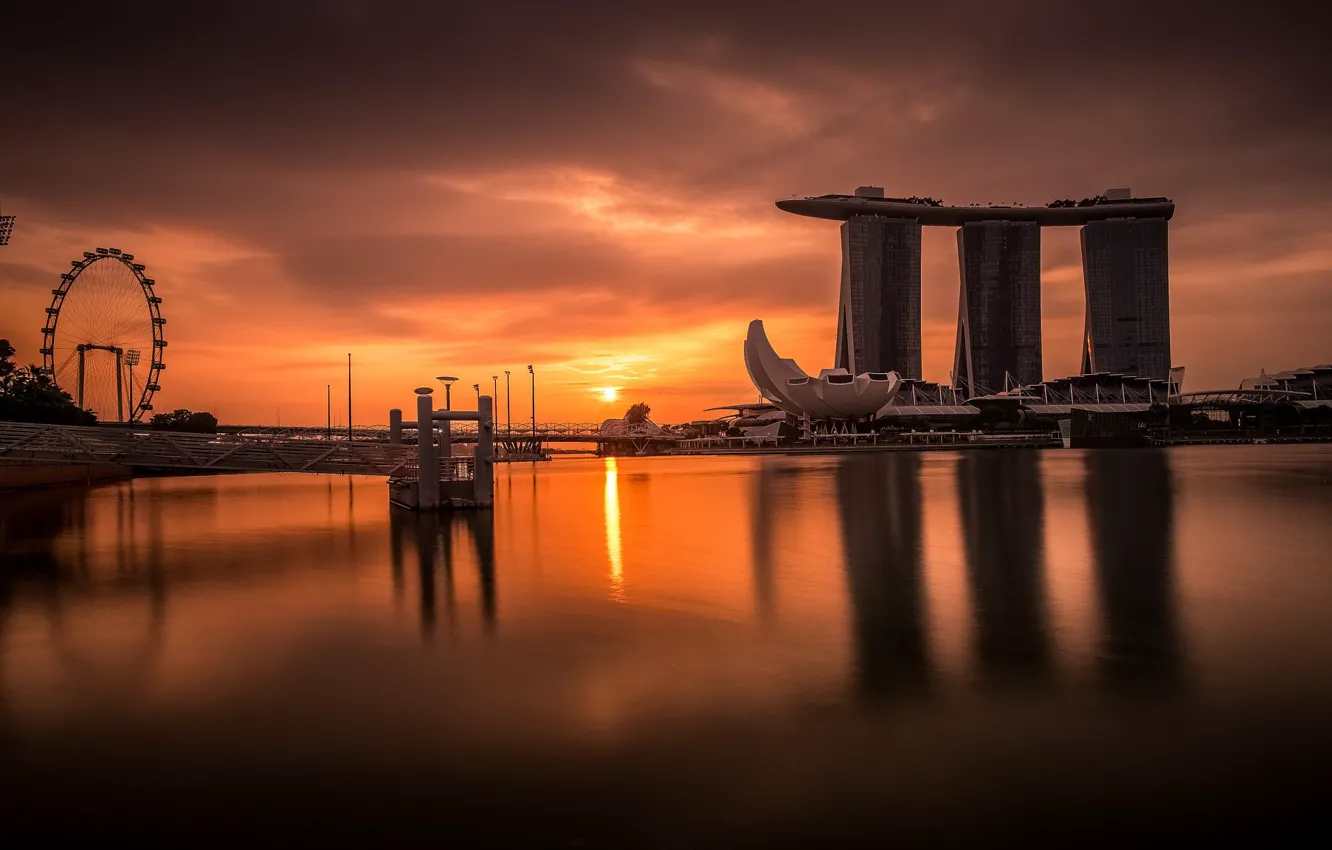 Photo wallpaper sea, landscape, night, the city, skyscrapers, Singapore
