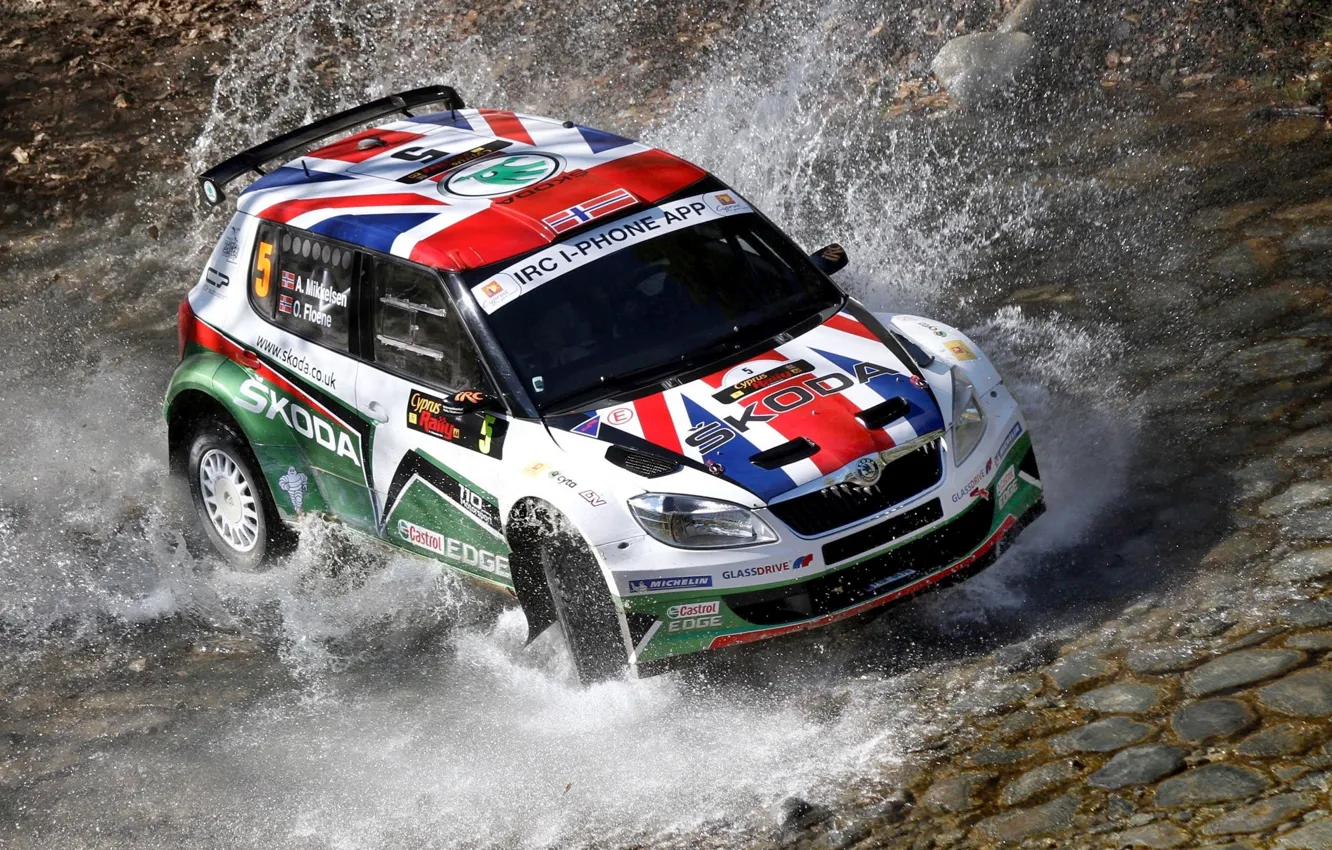 Photo wallpaper Water, Auto, Sport, Race, Squirt, The view from the top, Rally, Skoda