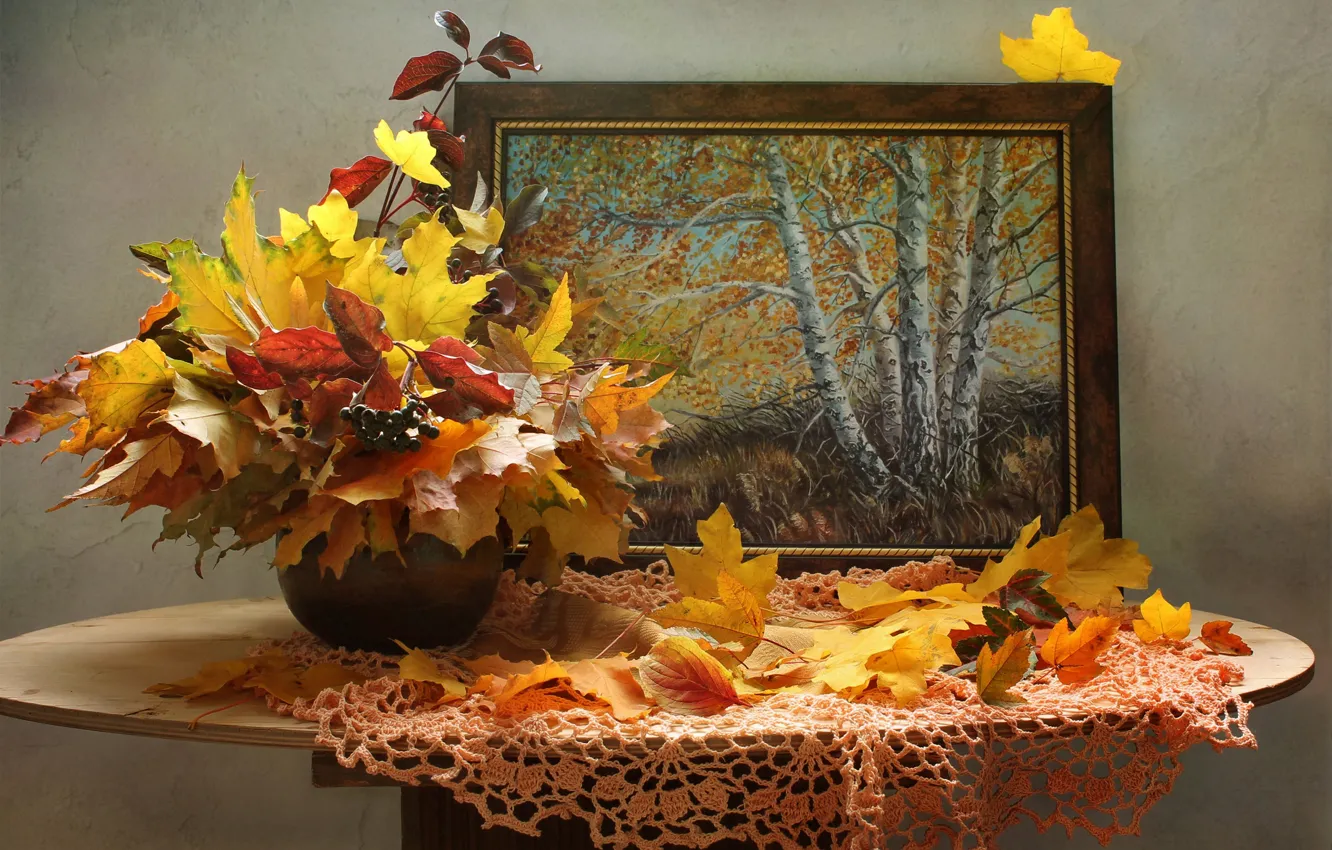 Photo wallpaper autumn, leaves, branches, berries, picture, vase, maple, table