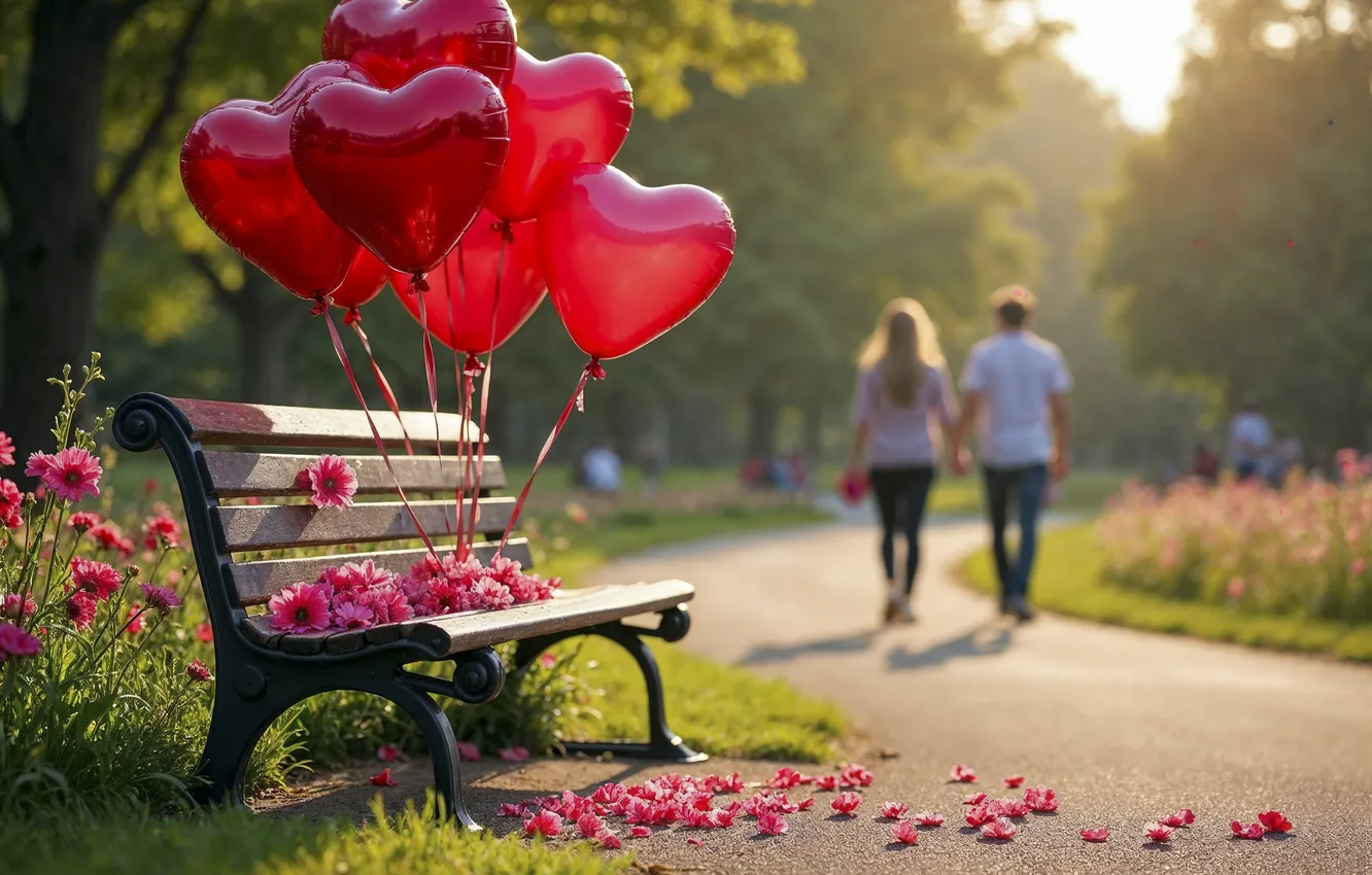 Photo wallpaper love, flowers, bench, Park, balloons, romance, heart, petals
