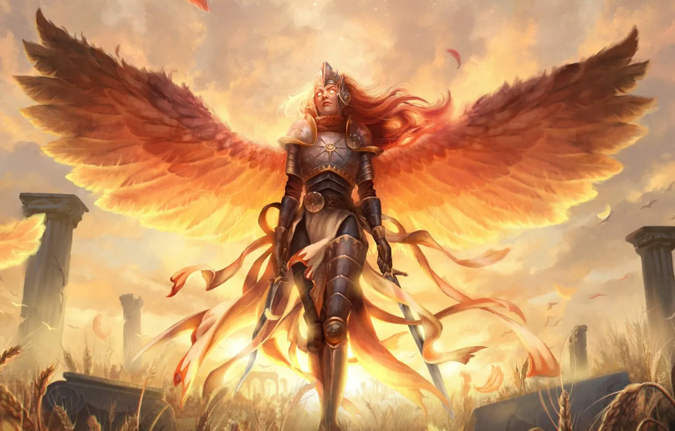 Photo wallpaper Valkyrie, burning eyes, valkyrie, swords in the hands, Magic the Gathering, armor plate, wingspan