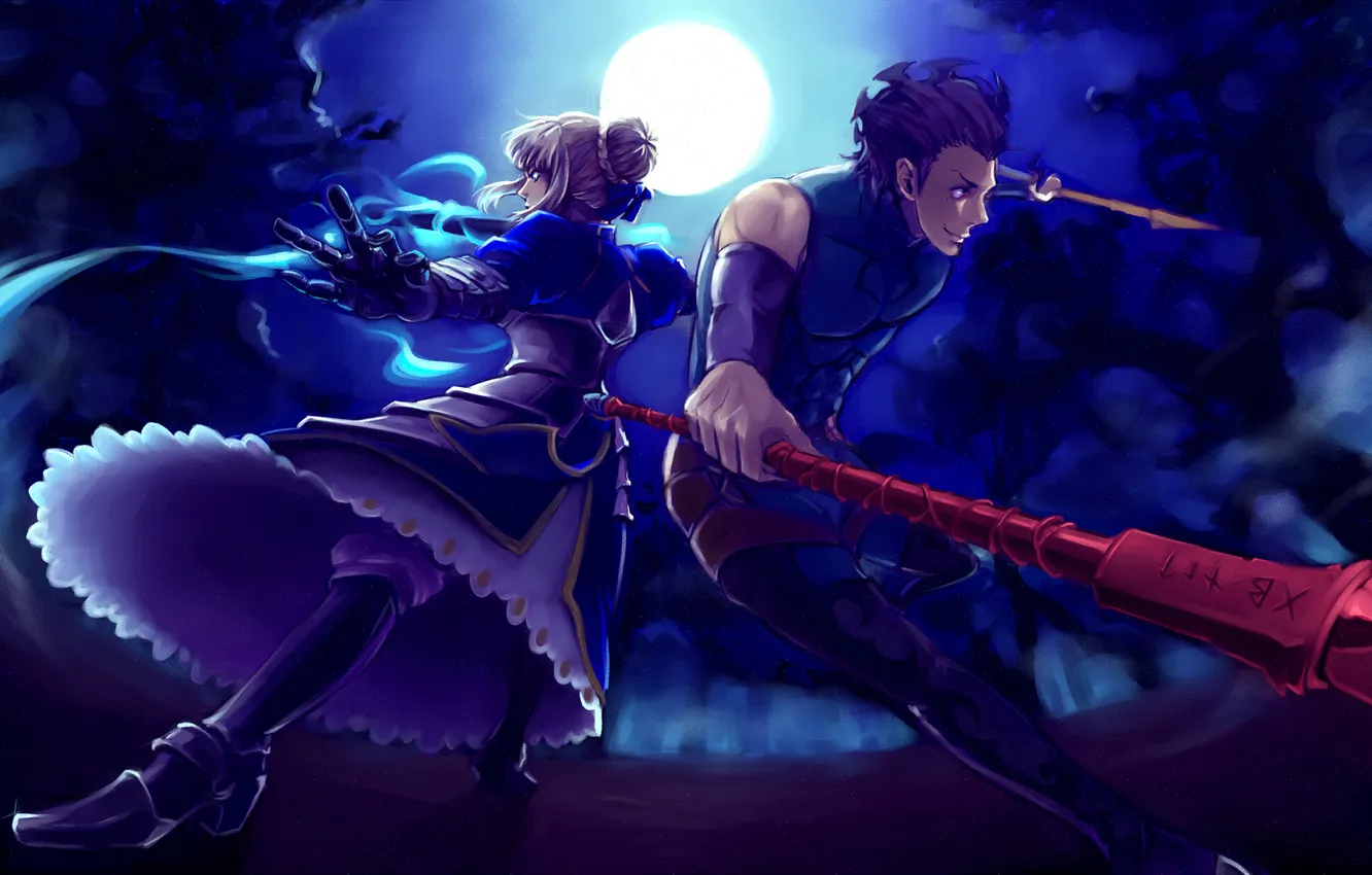 Photo wallpaper girl, night, weapons, the moon, sword, anime, art, Lancer
