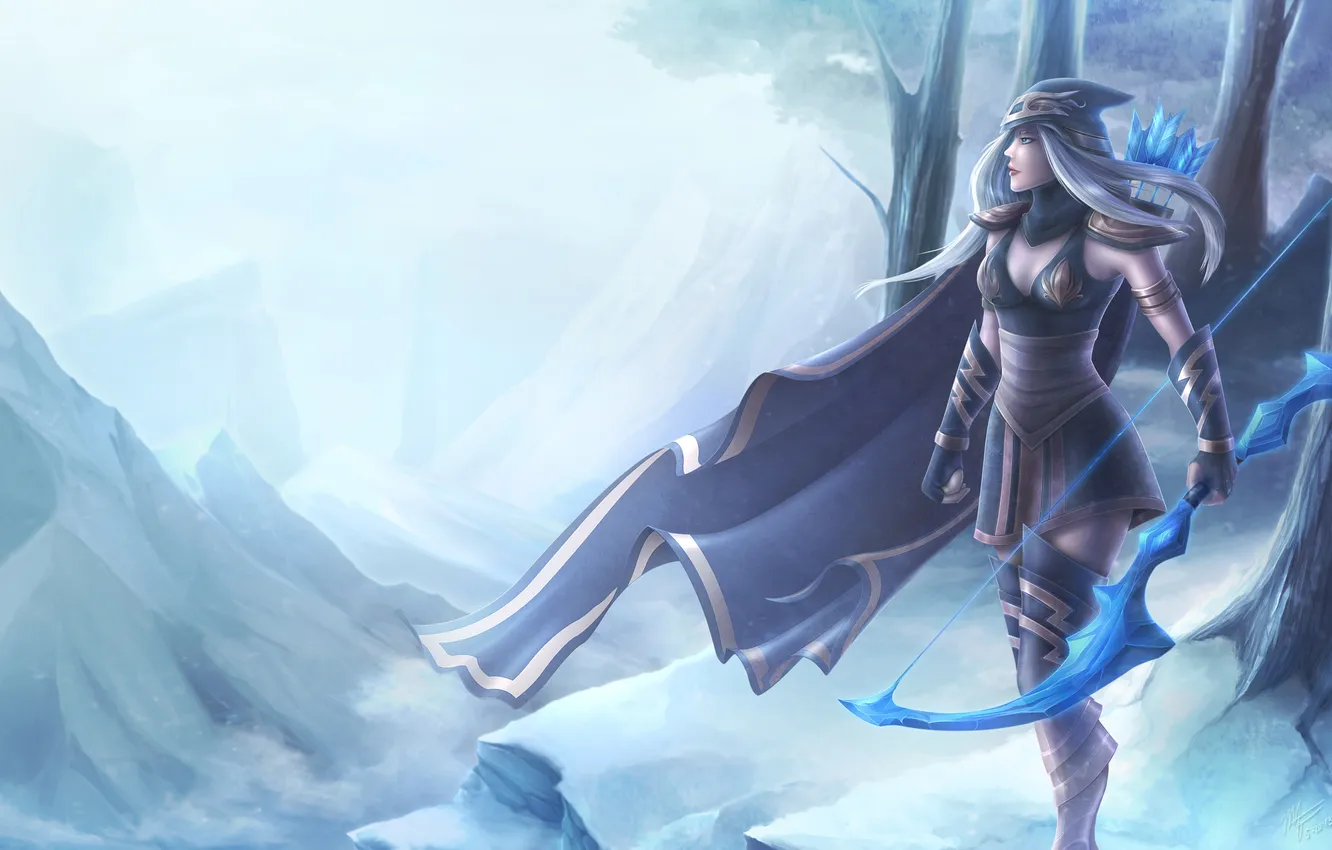 Photo wallpaper ice, winter, girl, smile, weapons, the wind, bow, arrows
