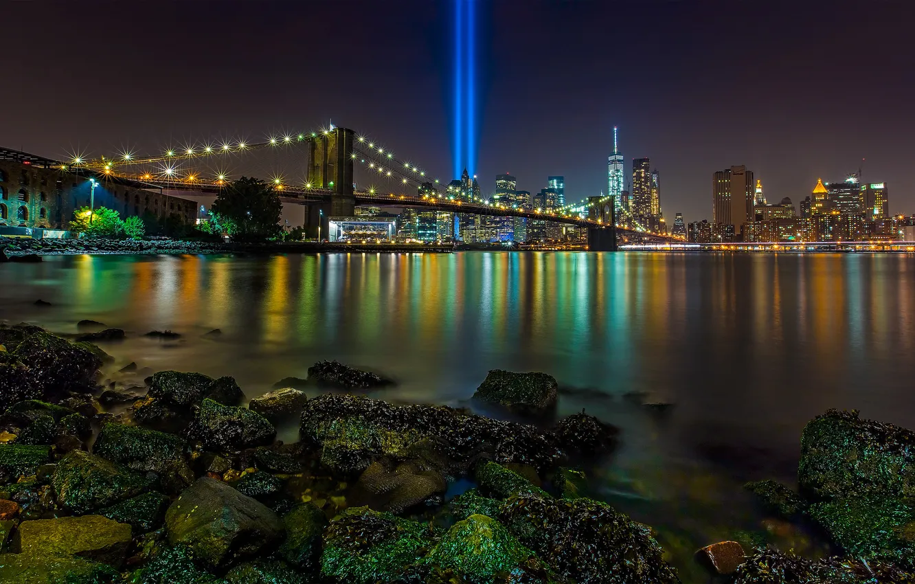 Photo wallpaper rays, bridge, Strait, stones, New York, Brooklyn bridge, night city, Manhattan