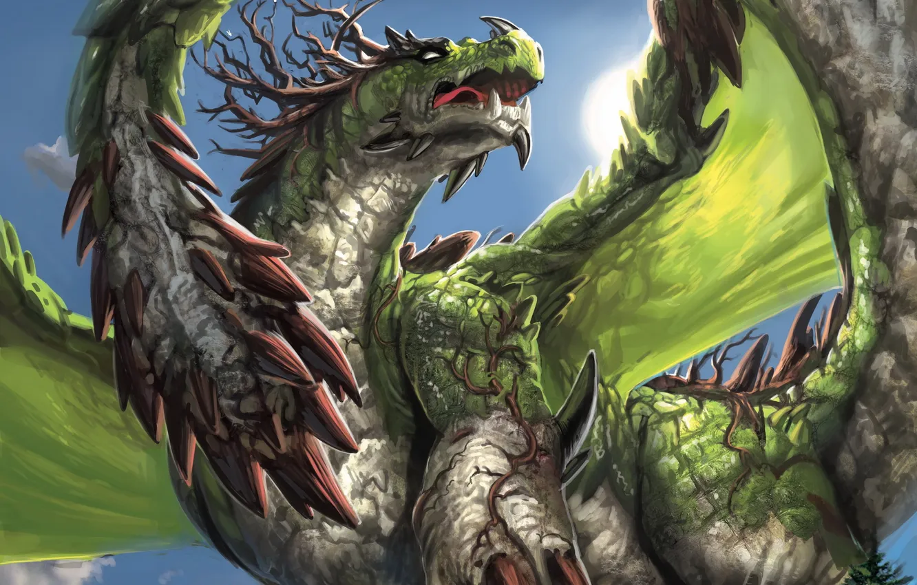 Photo wallpaper dragon, wings, spikes, mouth, horns