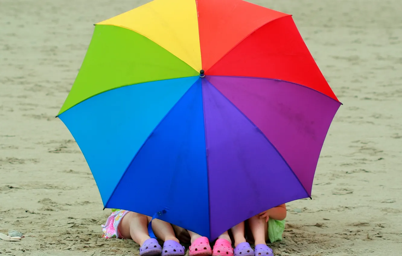 Photo wallpaper beach, summer, nature, children, umbrella, feet, mood, girls