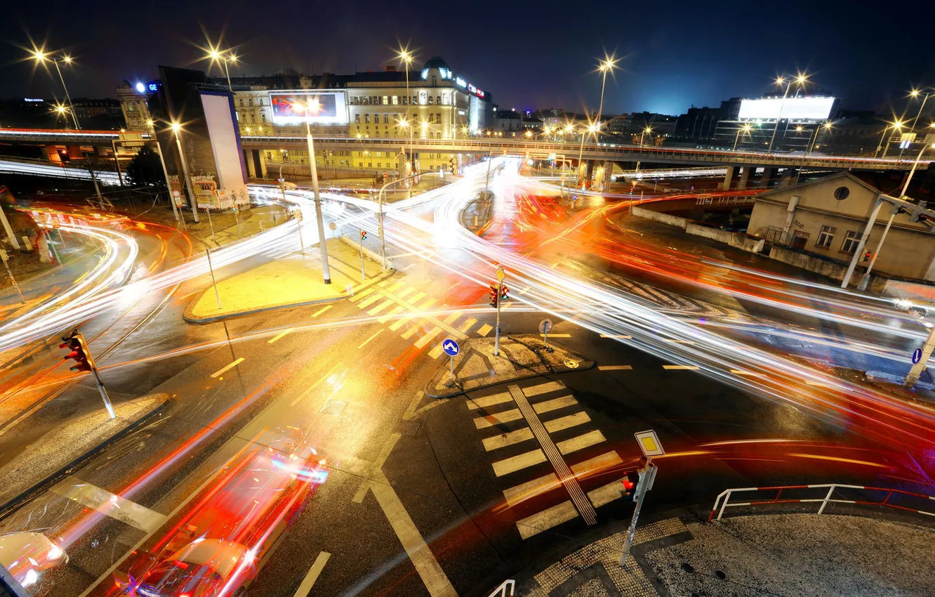 Photo wallpaper road, night, the city, lights, movement, silhouette, traffic light, crossroads