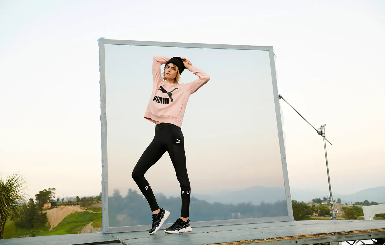 Photo wallpaper look, girl, pose, photo, model, sneakers, Puma, Cara Delevingne