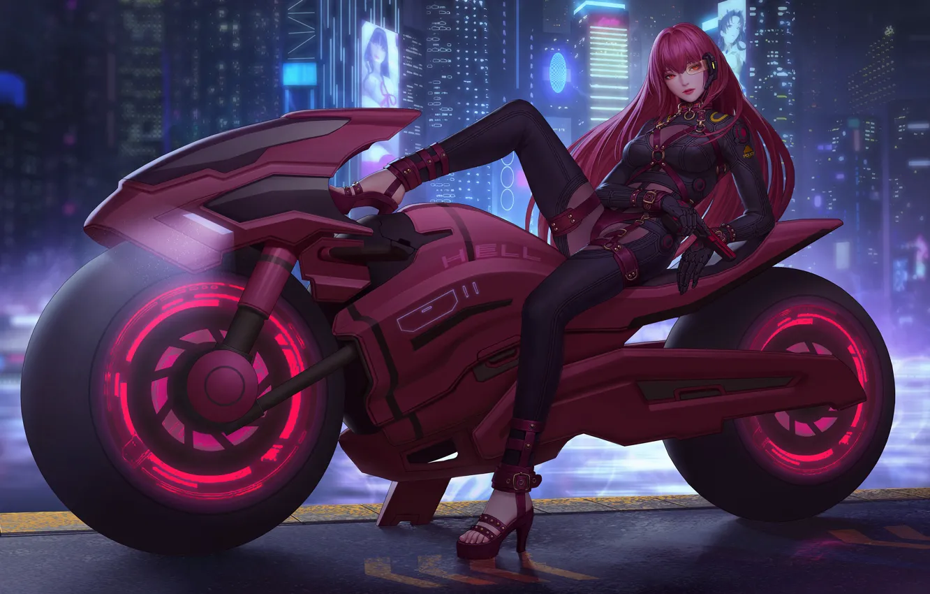 Photo wallpaper gun, anime girl, fate grand order, city cyberpunk 2077, motorcycle night, tech girl weapon