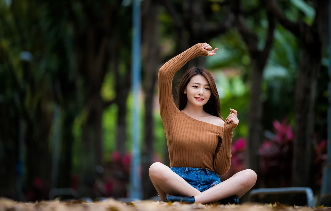 Photo wallpaper look, girl, blouse, Asian, bokeh, knees