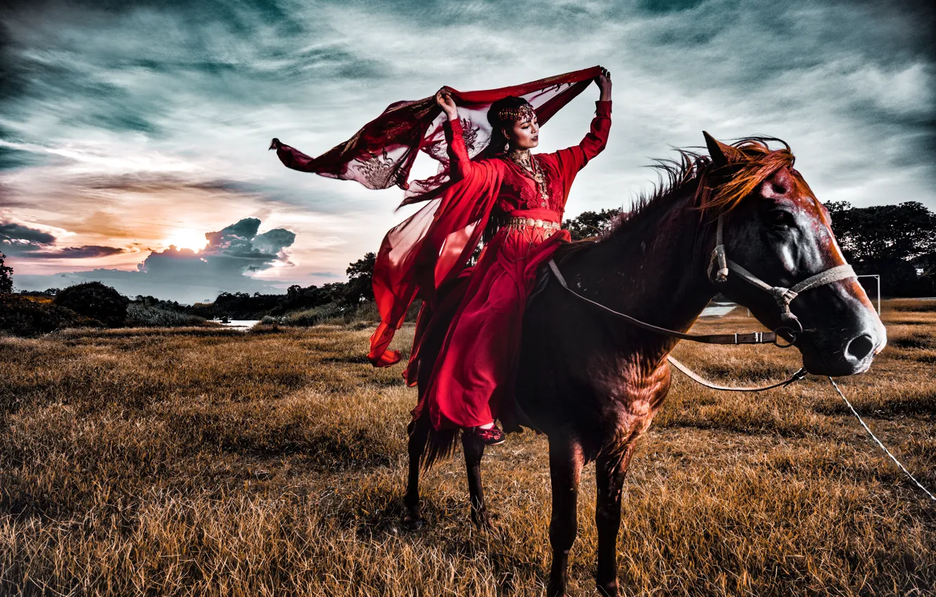 Photo wallpaper field, the sky, girl, clouds, sunset, pose, horse, horse
