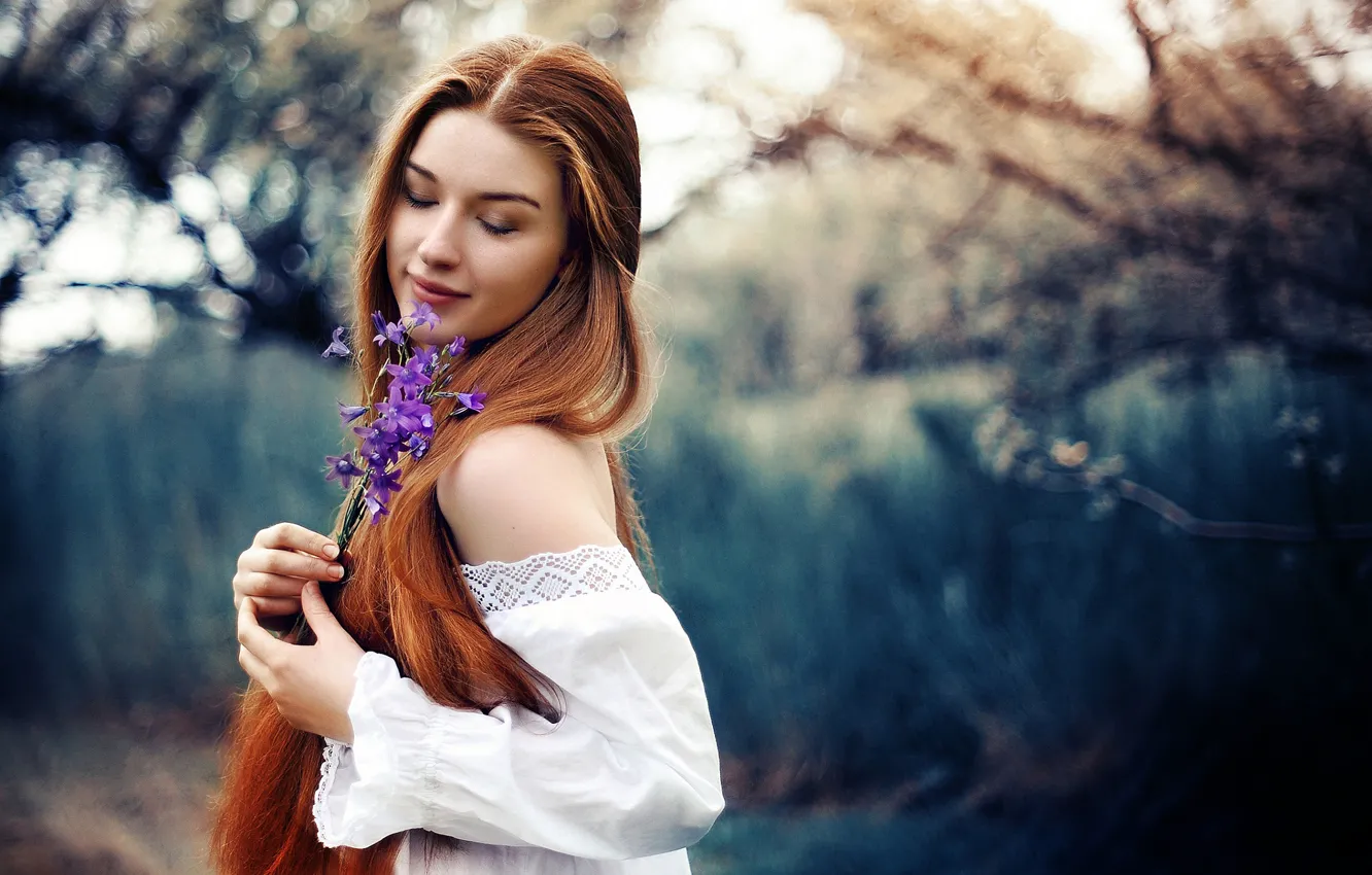 Photo wallpaper summer, girl, flowers, nature, red, bells, shoulder, Saulius Krušna