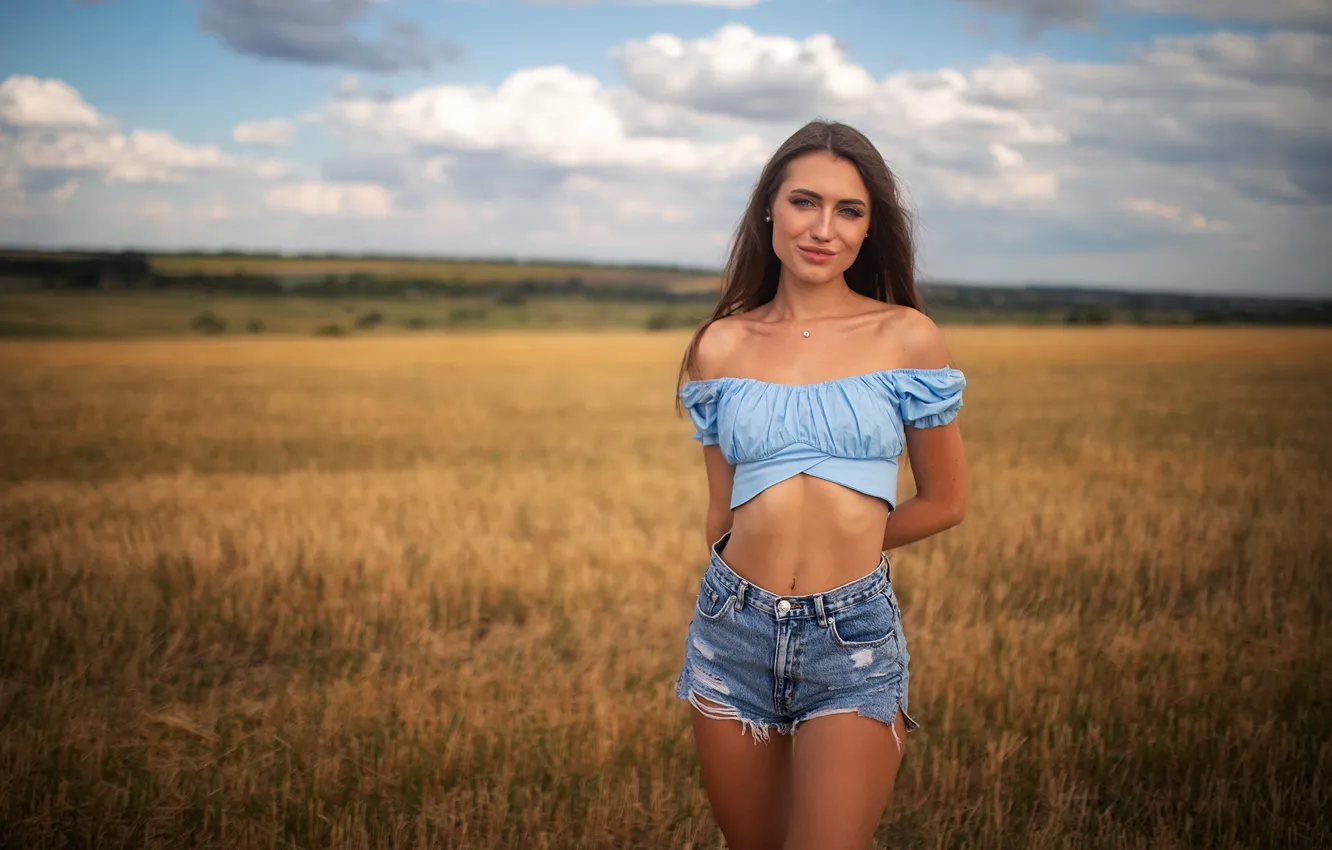 Photo wallpaper grass, sky, field, landscape, nature, clouds, model, women