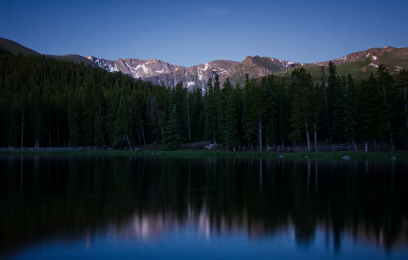 Photo wallpaper forest, trees, mountains, reflection, the evening, pond