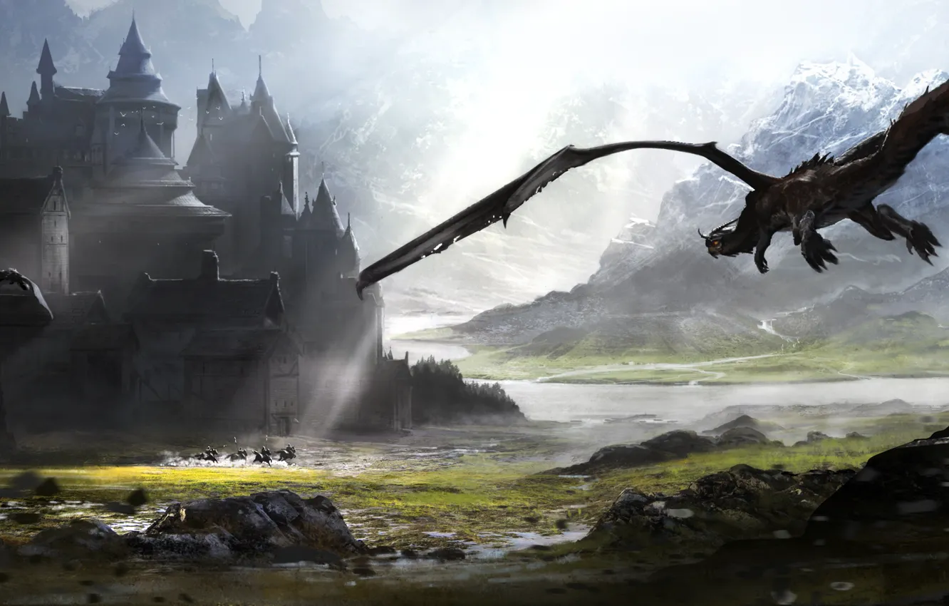 Photo wallpaper mountains, the city, castle, dragon, fantasy, knight, Concept Art, Environments