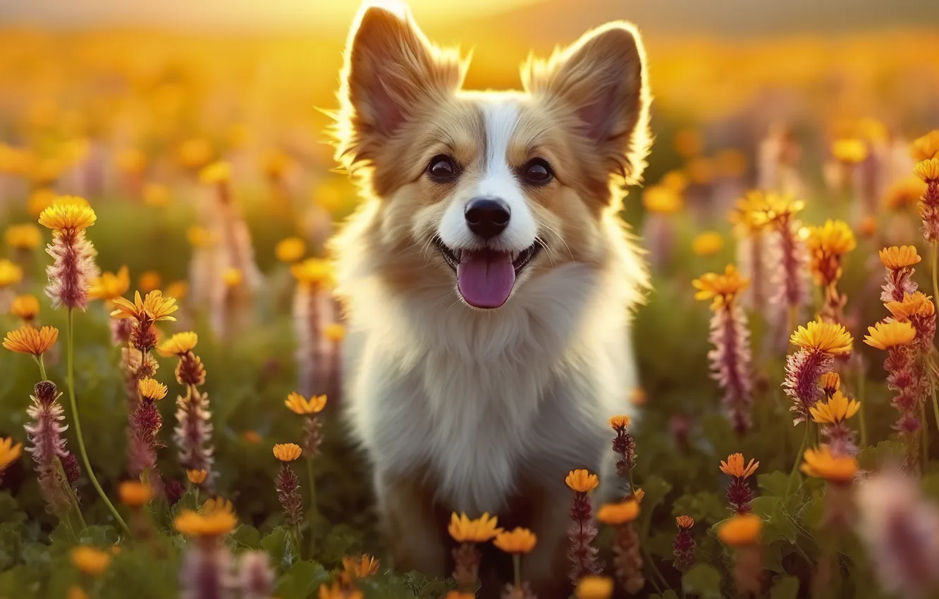 Photo wallpaper field, language, look, flowers, dog, puppy, face, Corgi