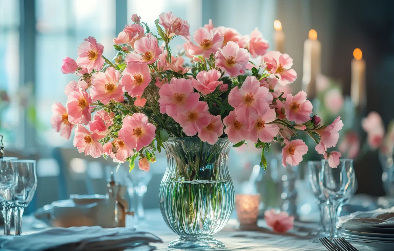 Photo wallpaper glass, light, flowers, table, glass, bouquet, candles, window