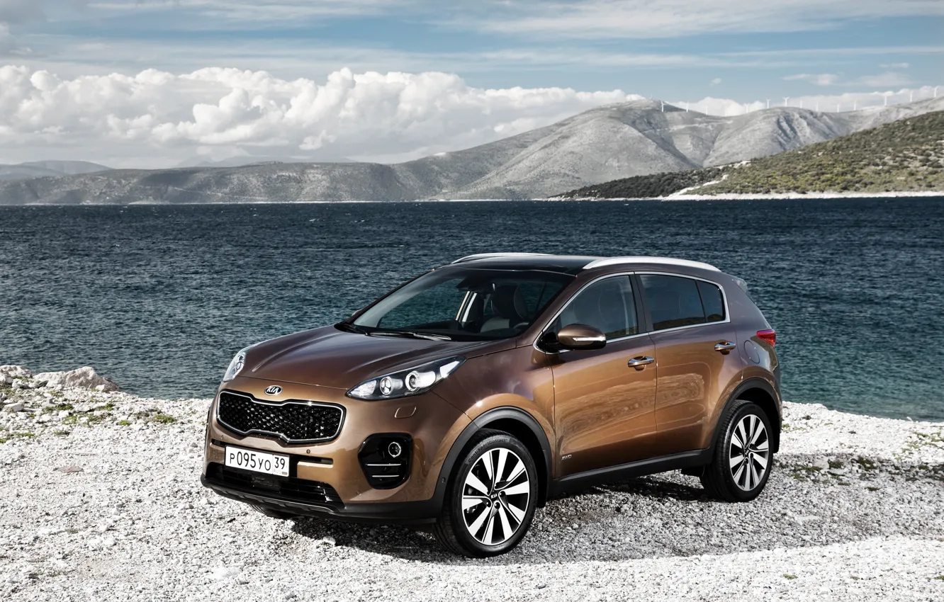 Photo wallpaper mountains, river, shore, Kia, Kia, crossover, Sportage, sportazh