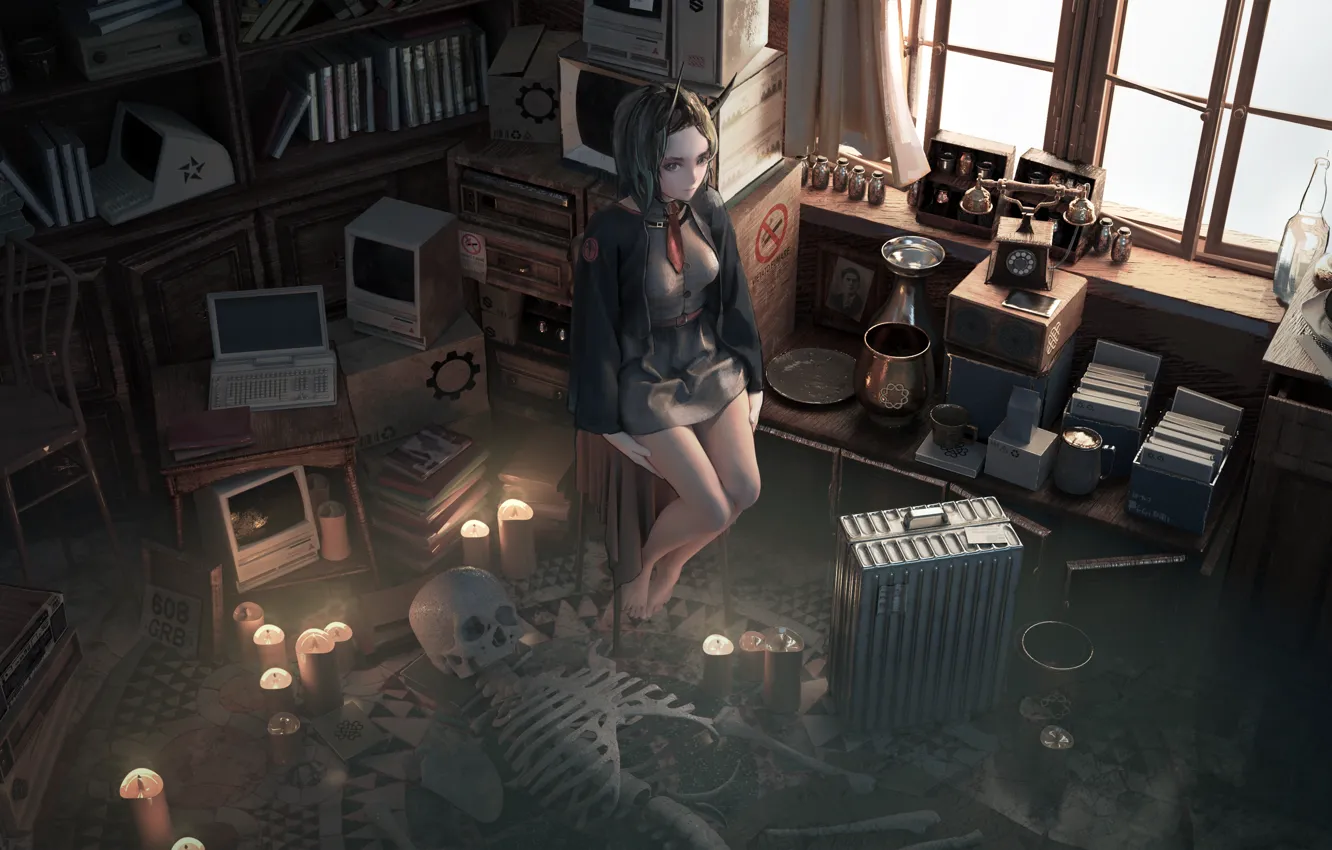 Photo wallpaper girl, room, candles, the demon, skeleton, horns, suitcase