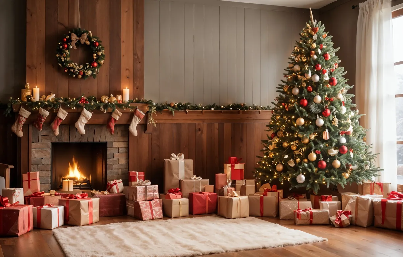 Photo wallpaper room, tree, new year, interior, Christmas, fireplace, Christmas, view