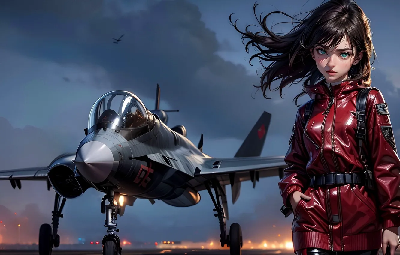 Photo wallpaper lights, sky, girls, clouds, airplane, fantastic, hair, brunette