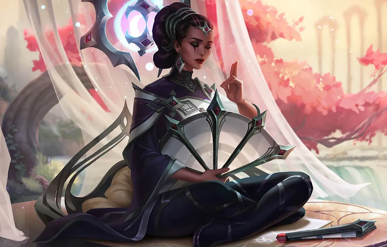Photo wallpaper girl, fantasy, flowers, mood, peach, League of Legends, asian, digital art
