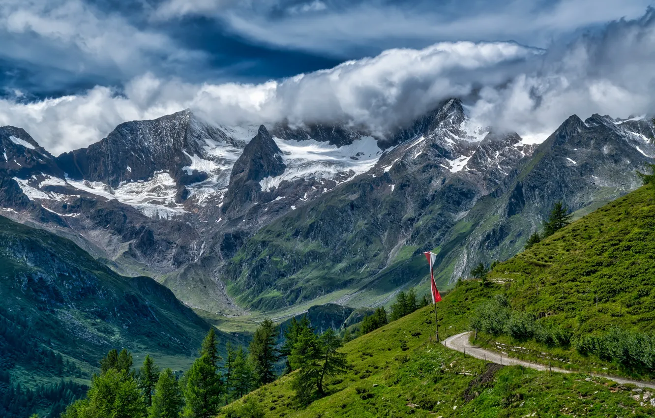 Photo wallpaper road, grass, clouds, trees, mountains, rocks, Switzerland, valley