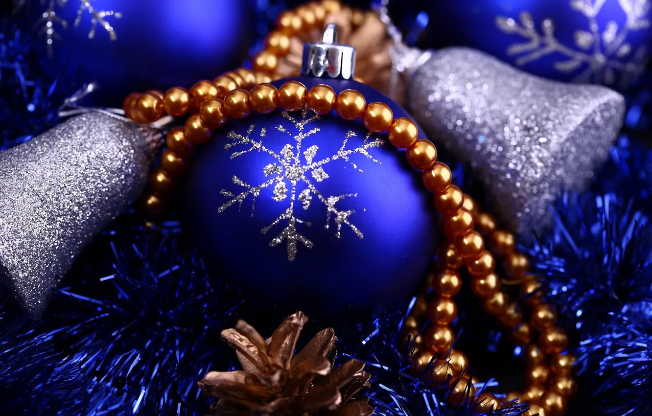Photo wallpaper beads, bells, Christmas decorations, Blue Layer